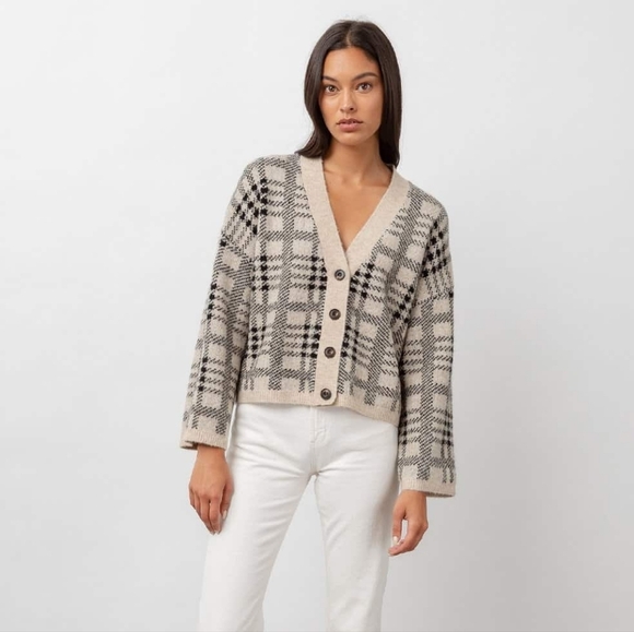 Rails Reese Black Oatmeal Plaid Button Up V-neck Wool Blend Cartigan Size Small - Picture 13 of 15